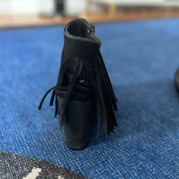 Black Suede Open-Toe Fringe Bootie - Picture 2 of 3
